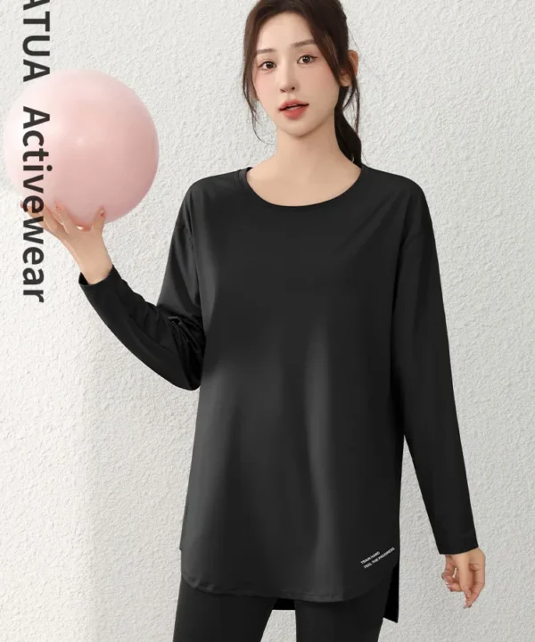 Kemeja Olahraga Lengan Panjang Leher Bulat Bernapas dengan Penutup Pinggul